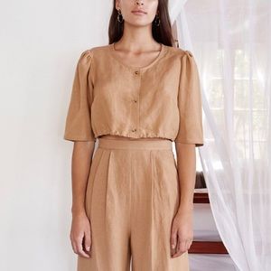 First Rite linen blend button blouse in camel